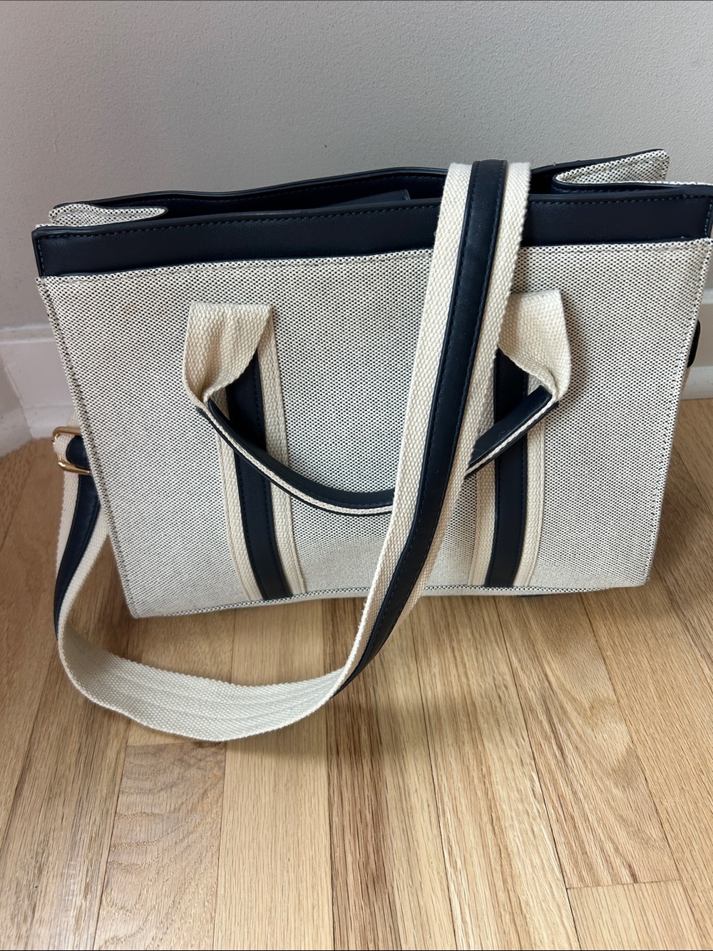 Miztique Cream Canvas Tote with Navy Leather  Trim and Adjustable Strap